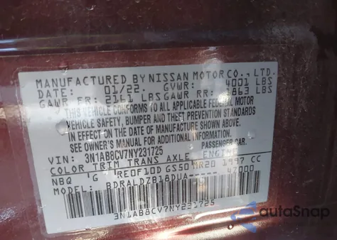 2022 Nissan Sentra Sv Xtronic Cvt z USA, uszkodzony, nr VIN 3N1AB8CV7NY231725
